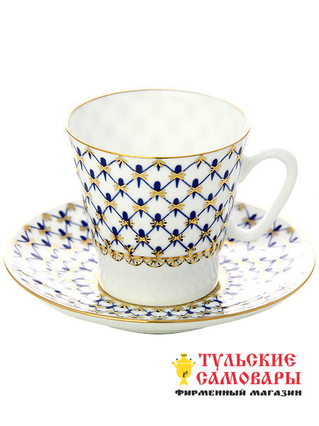 Кофейная фарфоровая чашка с блюдцем форма Черный кофе рисунок Кобальтовая сетка Императорский фарфоровый завод фото 1 — Samovars.ru