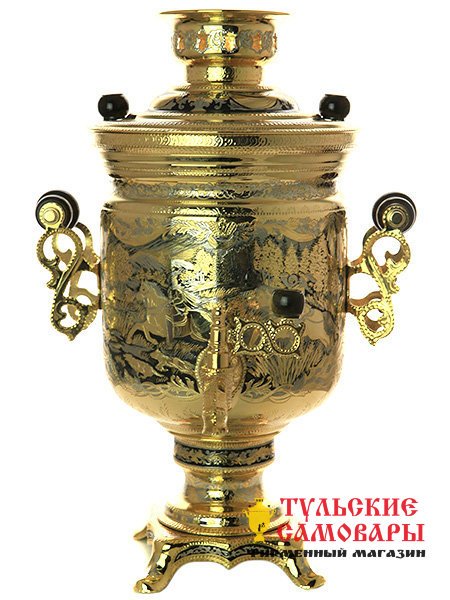 Электрический самовар 3 литра желтый "Царская охота" Златоустовская гравюра фото 1 — Samovars.ru