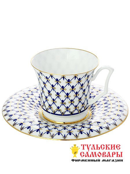 Фарфоровая кофейная пара форма Юлия рисунок Кобальтовая сетка Императорский фарфоровый завод фото 1 — Samovars.ru