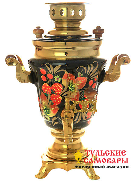 Электрический самовар 1,5 литра с художественной росписью "Клубника на черном" фото 1 — Samovars.ru