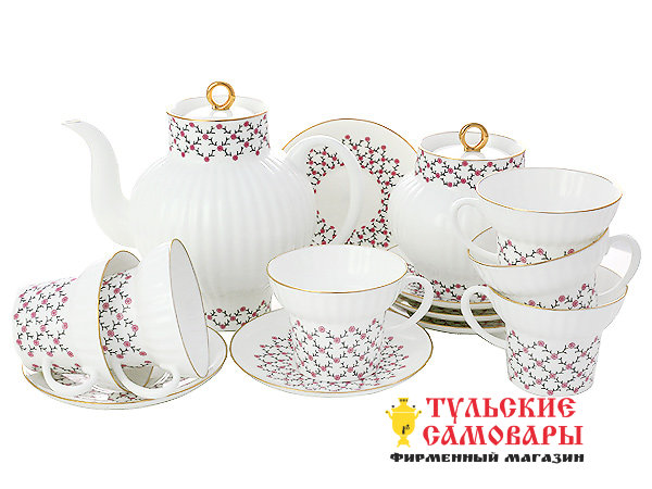 Сервиз чайный ф. Волна рис. Розовая сетка 6/20 Императорский фарфоровый завода фото 1 — Samovars.ru