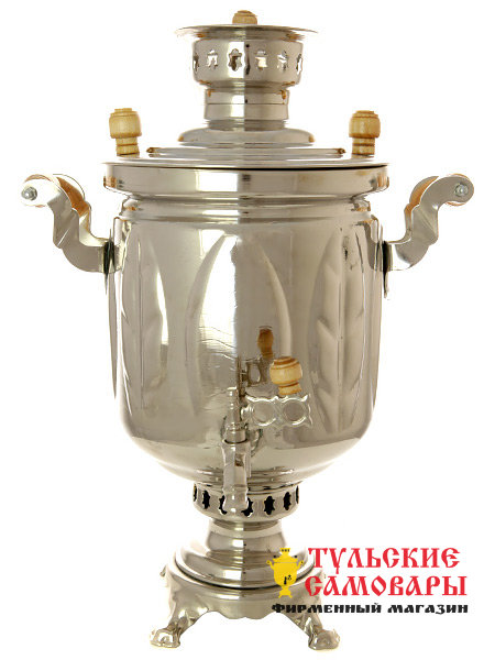 Угольный самовар 5 л никелированный цилиндр "Листья" фото 1 — Samovars.ru