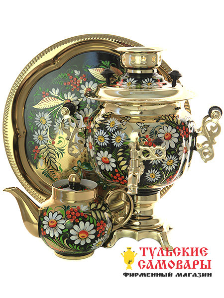 Набор самовар электрический 3 литра с художественной росписью "Ромашки на золотом", арт. 110603 фото 1 — Samovars.ru